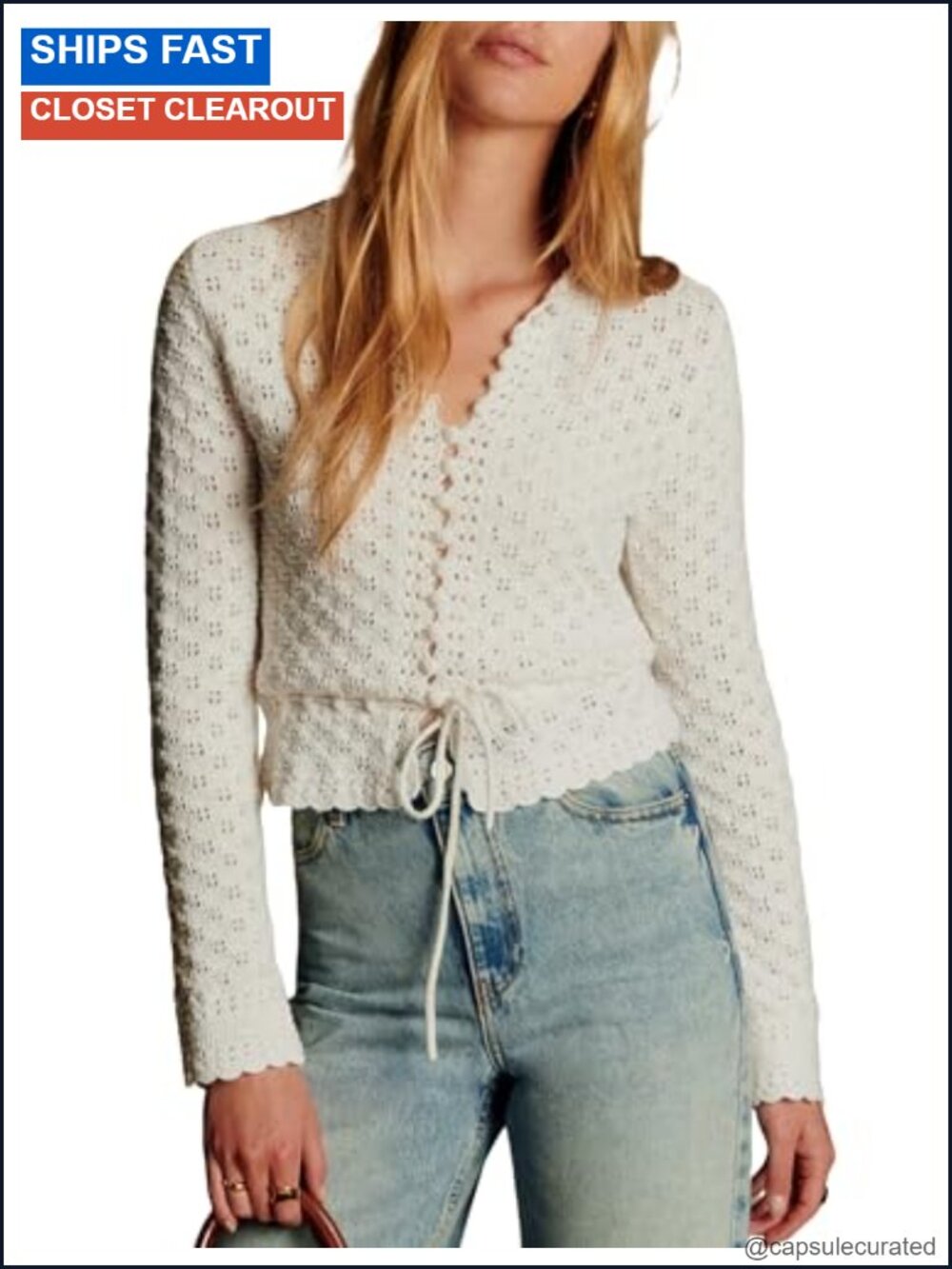 Womens Crochet Cardigan Long Sleeve Tie Front Lightweight Knit Sweater